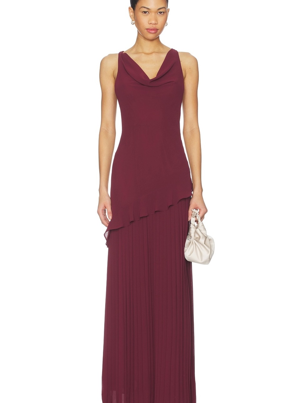 Lovers + Friends ‘Marleen’ Gown Burgundy Sleeveless Cowl Neck Pleated Ruffle